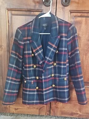 Talbots Navy Plaid Double-Breasted Blazer with Gold Buttons